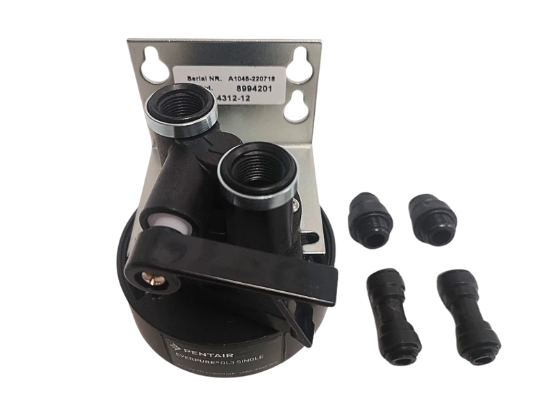 Tête de filtre Everpure QL3B EV4312-13, avec 2 raccords enfichables de 8 mm et 2 raccords enfichables réducteurs de 8 à 6 mm