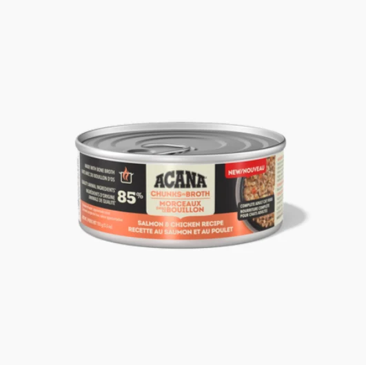 Conserve pour chat ACANA Morceaux dans le bouillon Recette au saumon et au poulet