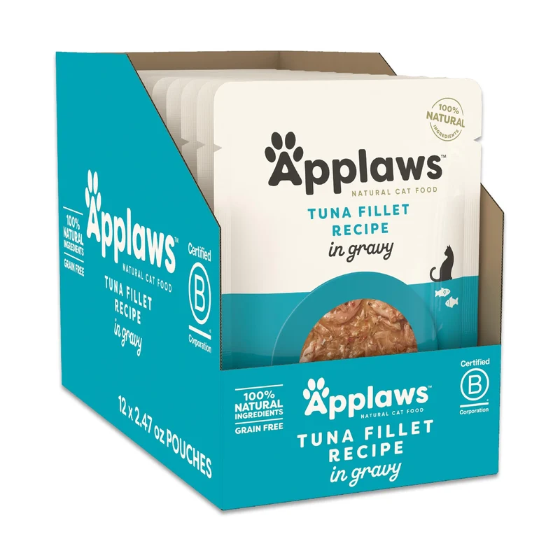 Applaws Nourriture humide pour chat en sauce Gravy – Thon en filet, ingrédients naturels, protéine élevée (12 sachets 2,47 oz)