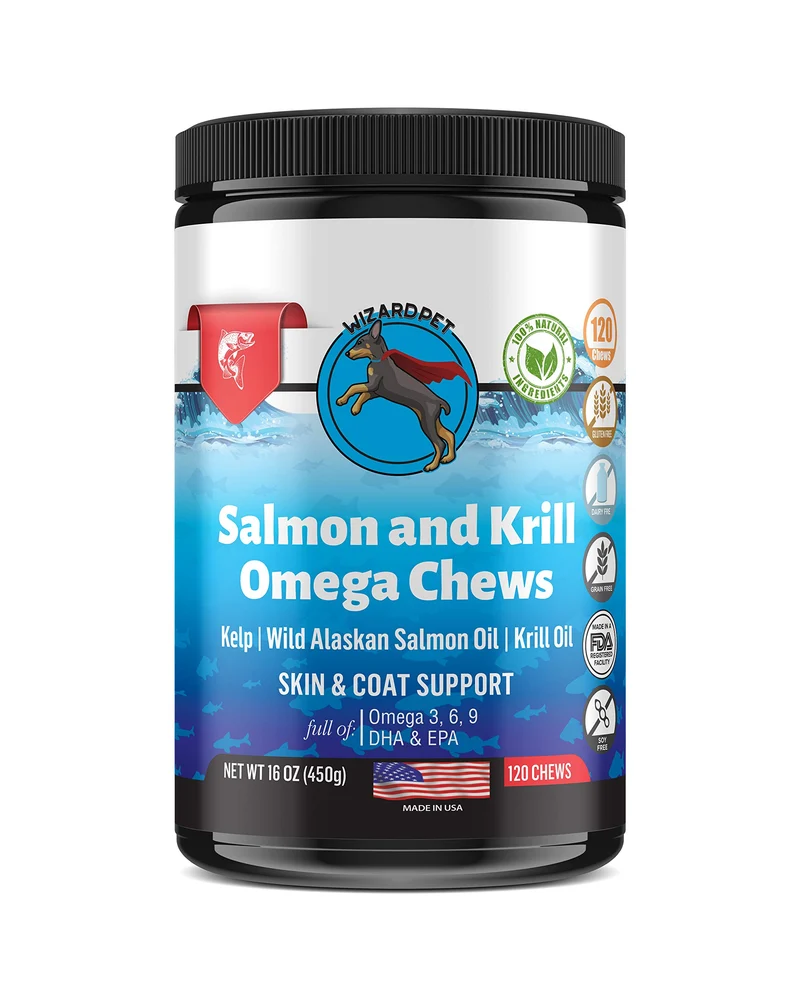 WIZARDPET Friandises molles au saumon d’Alaska et krill pour chiens – 120 bouchées – Oméga 3 6 9, EPA/DHA – Fabriqué aux États‑Unis