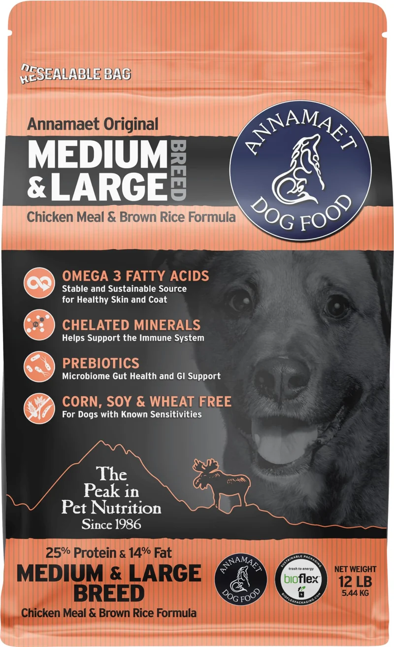 Annamaet Original Encore - Croquettes pour chiens actifs, 25% protéines (Poulet & Riz brun), Sac 12 lb