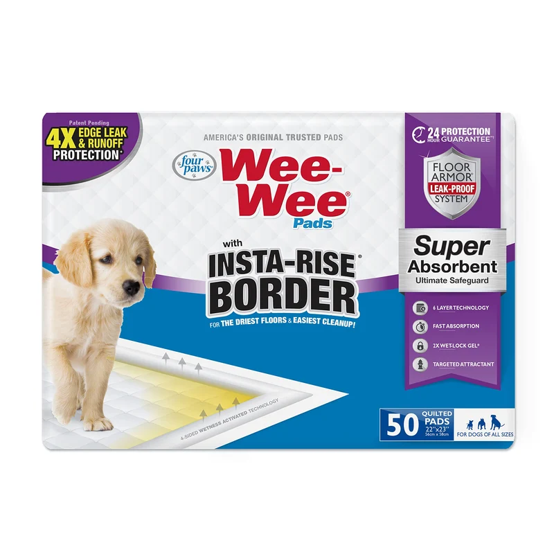Four Paws Wee-Wee Tapis Absorbants Sans Parfum 22×23 — Bordure Relevable Insta-Rise et Protection Anti-Fuites (50 pièces)