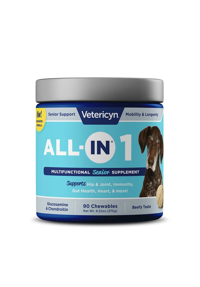 Vetericyn All-in-1 : Supplément sénior pour chien – enzymes digestives, glucosamine, chondroïtine, oméga | 90 comprimés