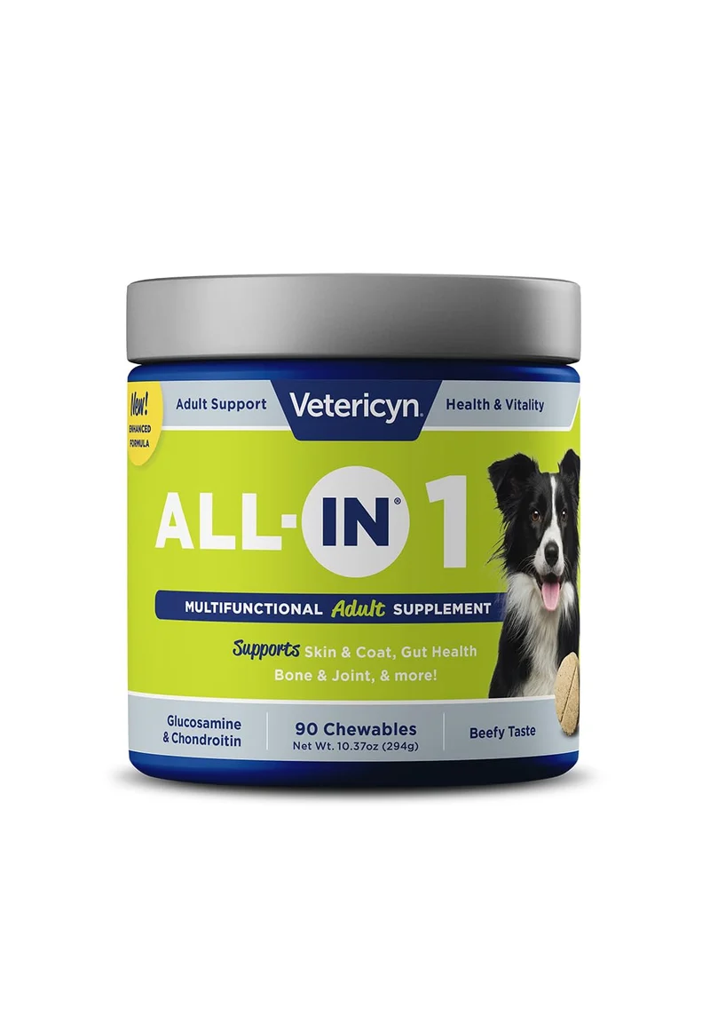 Vetericyn All-in-1 : Supplément chien | Enzymes digestives, glucosamine et chondroïtine, vitamines, pré/probiotiques et oméga | 90 comprimés