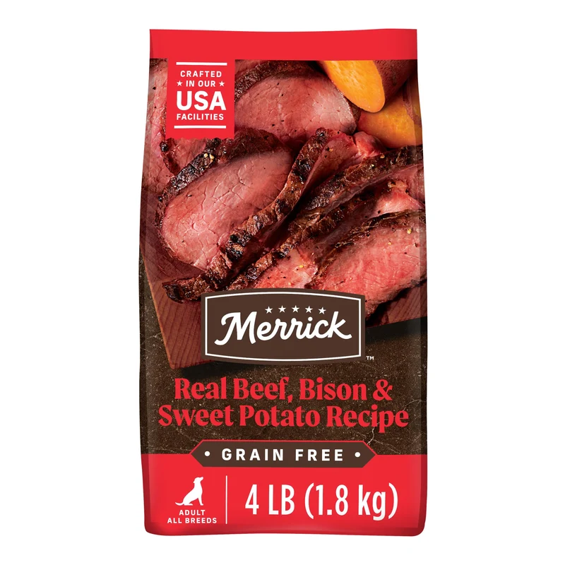 Merrick Croquettes Sans Céréales Premium pour Chien Adulte – Boeuf, Bison et Patate Douce, 4,0 lb