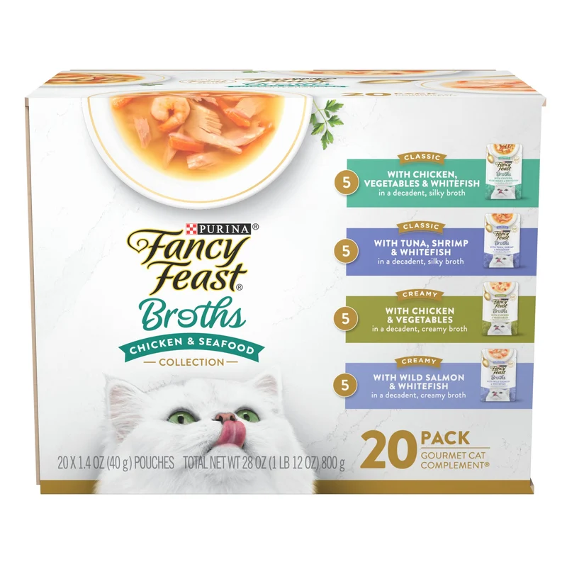 Fancy Feast Bouillon Complément pour Chats – Variété Sans Céréales (Poulet et Fruits de Mer), Poches de 40 g, Pack de 20