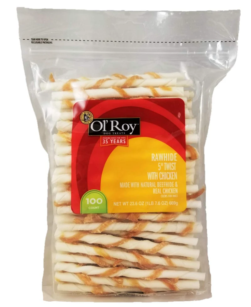 Friandises Ol'Roy pour Chiens – Torsades de Poulet avec Cuir Brut Naturel (100 pièces, environ 680 g)
