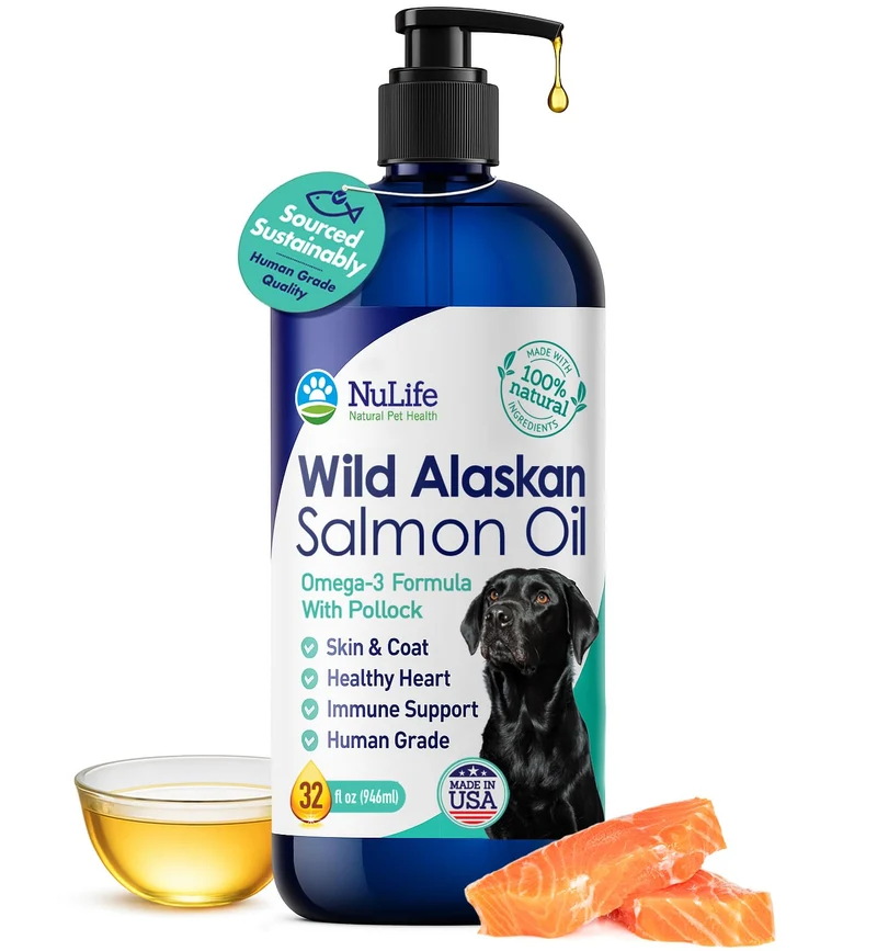 NuLife Pure Huile de Saumon Sauvage d’Alaska pour Chien — Omega-3, Pelage et Peau | Bouteille Pompe de 32 onces