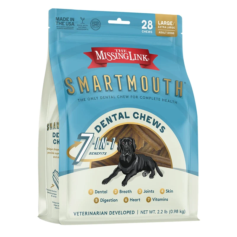 The Missing Link Smartmouth — Bouchées Dentaires Vet Développées, 7-en-1 pour Chiens Gros/XL 50-100 lb+, 28 bouchées