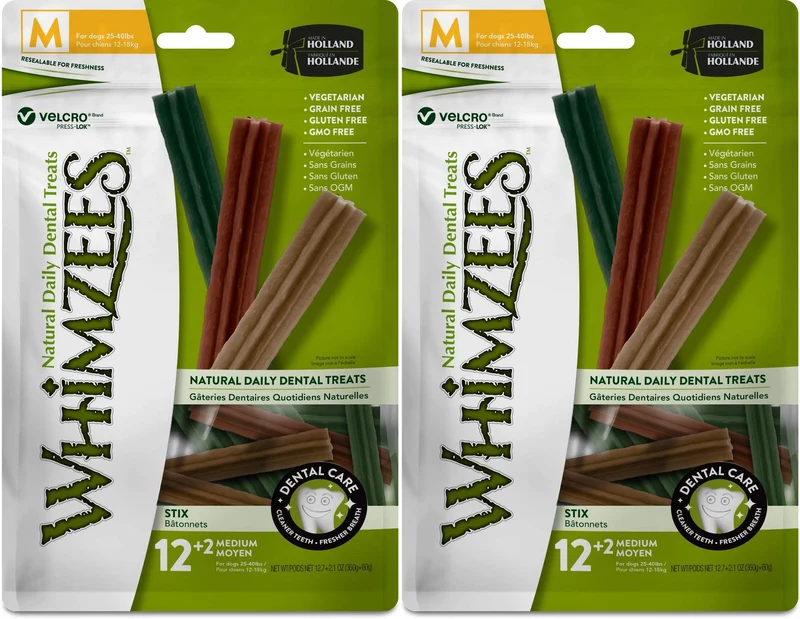 Whimzees Stix Dentaires Medium – 14 bâtons, Pack de 2, pour chiens 25–40 lb | Friandises dentaires végétariennes sans gluten