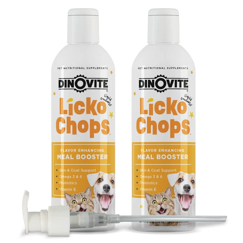 Dinovite Lickochops – Supplément huile Omega-3/6, 3 acides gras, probiotiques et vitamine E, 16 oz avec pompe