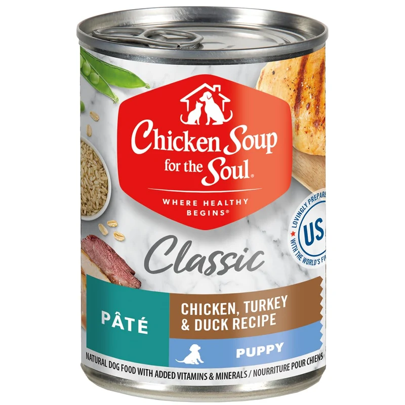 Chicken Soup for The Soul Aliments Humides Premium pour Chiots — Premier ingrédient viande réelle (Poulet, Dinde et Canard), Sans sous-produits, Sans colorants ni conservateurs artificiels, Pâté, 13 oz (Lot de 12)
