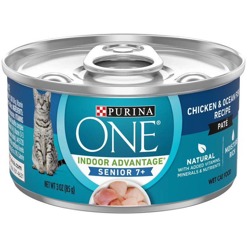Purina ONE Sans Céréales Senior Pâté — Chat 7+ Poulet & Poisson des Mers, Lot de 24 Boîtes 85 g (3 oz) à Ouverture Facile