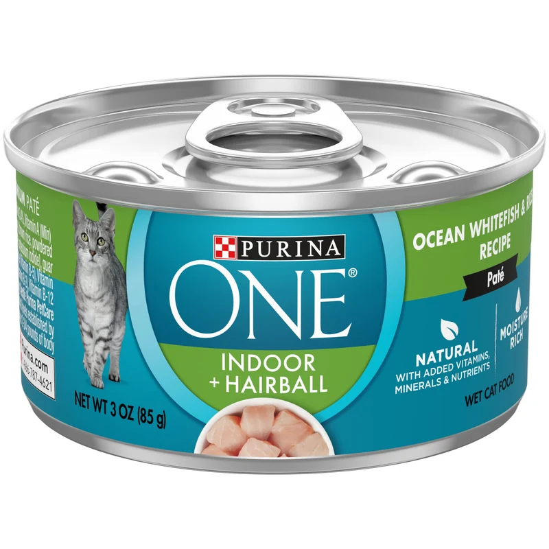 Purina ONE Indoor Avantage — Pâté Humide Haute Protéine au Poisson Blanc de l’Océan et Riz (24 boîtes de 3 oz)