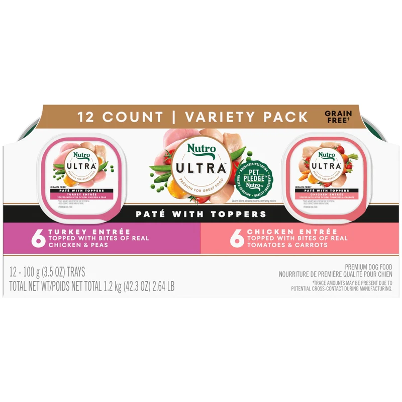 Nutro Ultra Pâté Humide pour Chien avec Toppers – Poulet & Dinde, Assortiment 12 x 3,5 oz