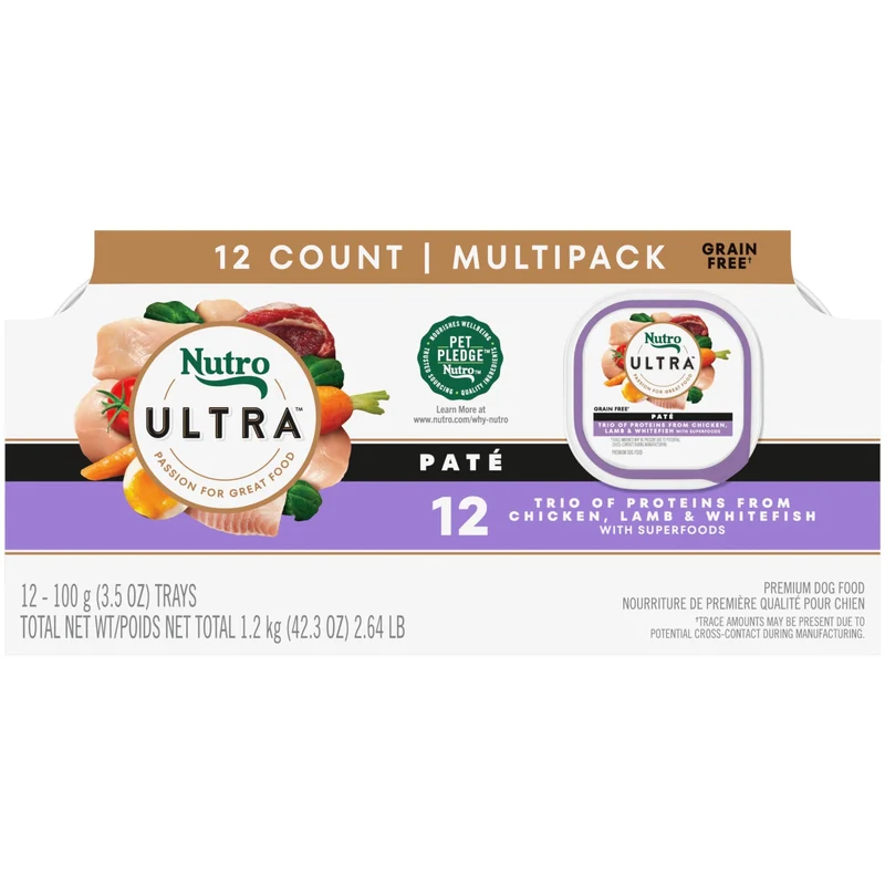 Nutro Ultra Alimentation Humide pour Chien – Pâté Trio Protéines: Poulet, Agneau et Poisson Blanc, Barquettes de 3,5 oz (12 Barquettes)