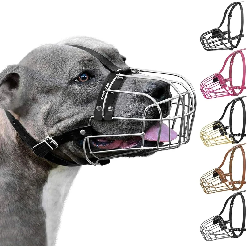 BRONZEDOG Museau en panier en métal pour Pitbull – Panier métallique ajustable avec sangles en cuir pour grands chiens (acier)