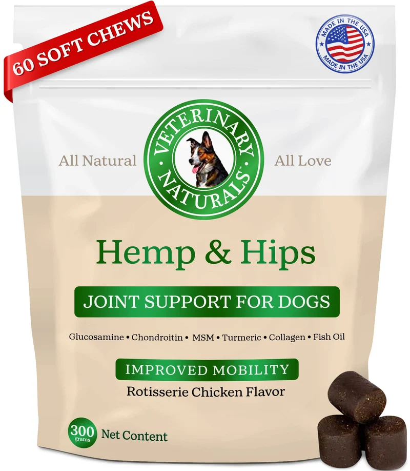 Veterinary Naturals Hemp & HIPS – Supplément Articulations pour Chiens Grands et Âgés (Poulet Rôti)