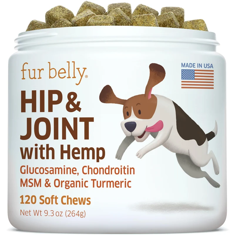 Complément Hanches et Articulations pour Chiens Fur Belly — Glucosamine, MSM, Chanvre & Oméga 3 — 120 Friables — Fabriqué aux États‑Unis