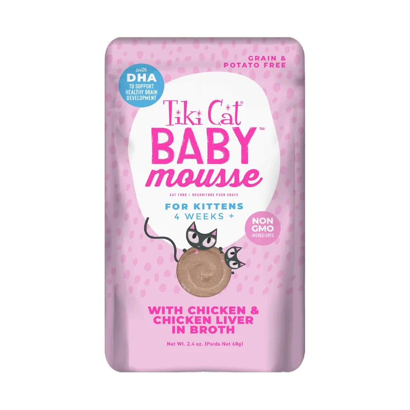 Tiki Cat Baby Mousse – Chatons 4 Semaines+, Poulet et Foie, Sans Céréales, 2,4 oz – Lot de 12 Poches