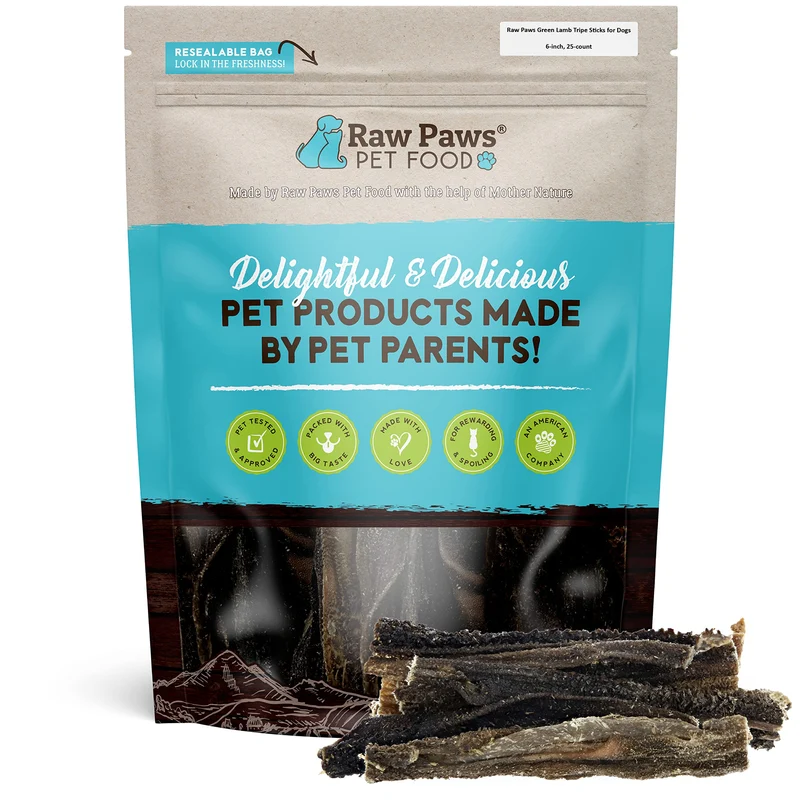 Raw Paws Tripes d'agneau vert pour chiens (25 bâtonnets) – Ingrédient unique, sans antibiotiques ni hormones – Friandises naturelles