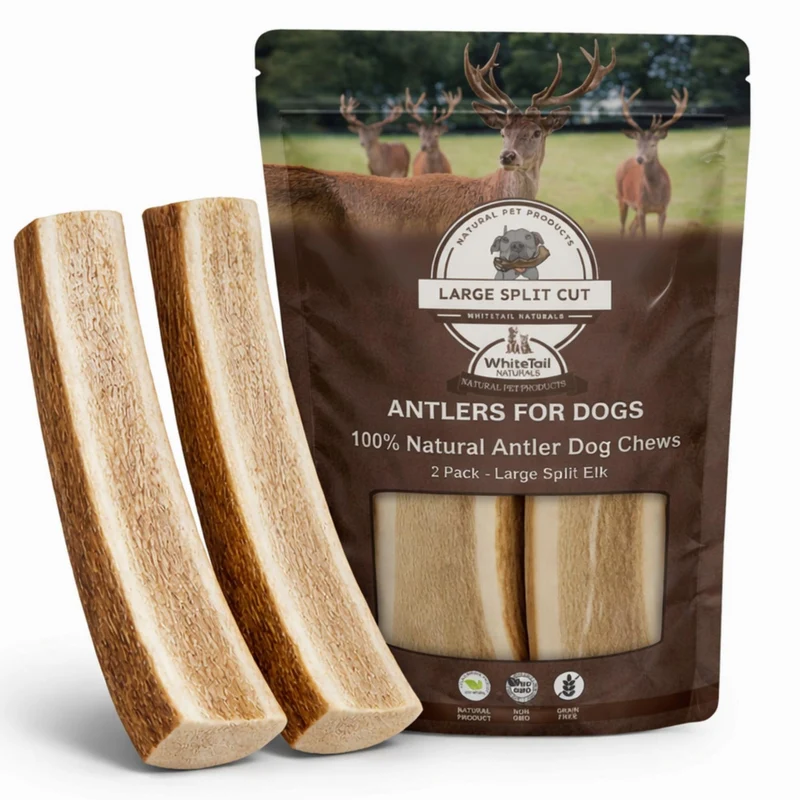 WhiteTail Naturals – Cornes d'Élan fendues pour Gros Chiens (Pack 2) – Mâche Durable