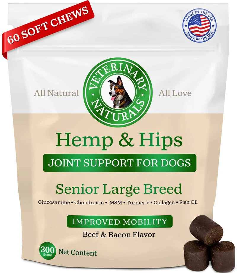 Veterinary Naturals Hemp & HIPS – Supplément articulations pour chiens seniors de grandes races