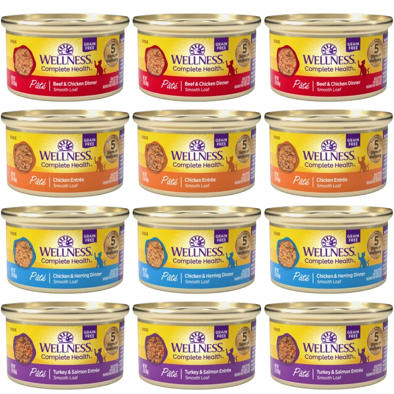 Wellness Naturel Premium Nourriture Humide pour Chat – Pack Variété 12 Boîtes Pâté (3 oz), 4 Saveurs: Poulet, Boeuf, Saumon et Dinde