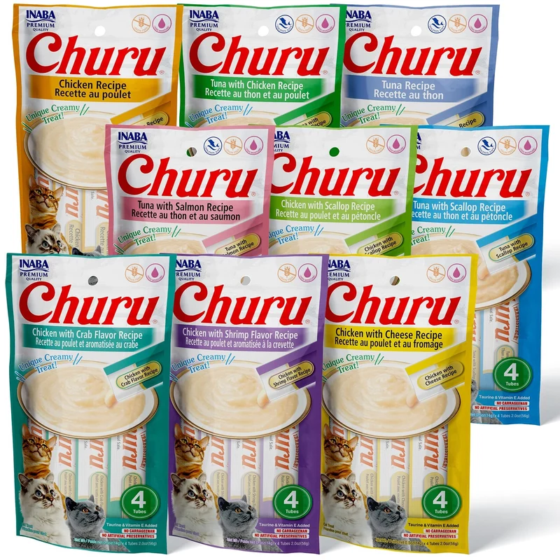 INABA Churu Friandises pour Chat – Purée à lécher sans céréales, tube de 14 g, 36 tubes (4 par paquet), 19 saveurs