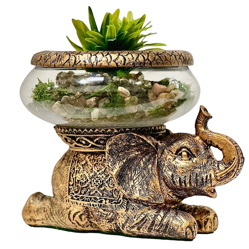 The Nifty Nook - Éléphant Polyresine Doré Antique avec Bol en Verre Amovible, Décor de Table et Terrarium