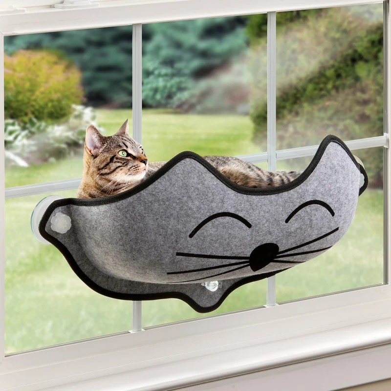 K&H EZ Mount Kitty Face – Perchoir Fenêtre pour Chat, Ventouses Robustes et Couchage Lavable (Gris Kitty Face)