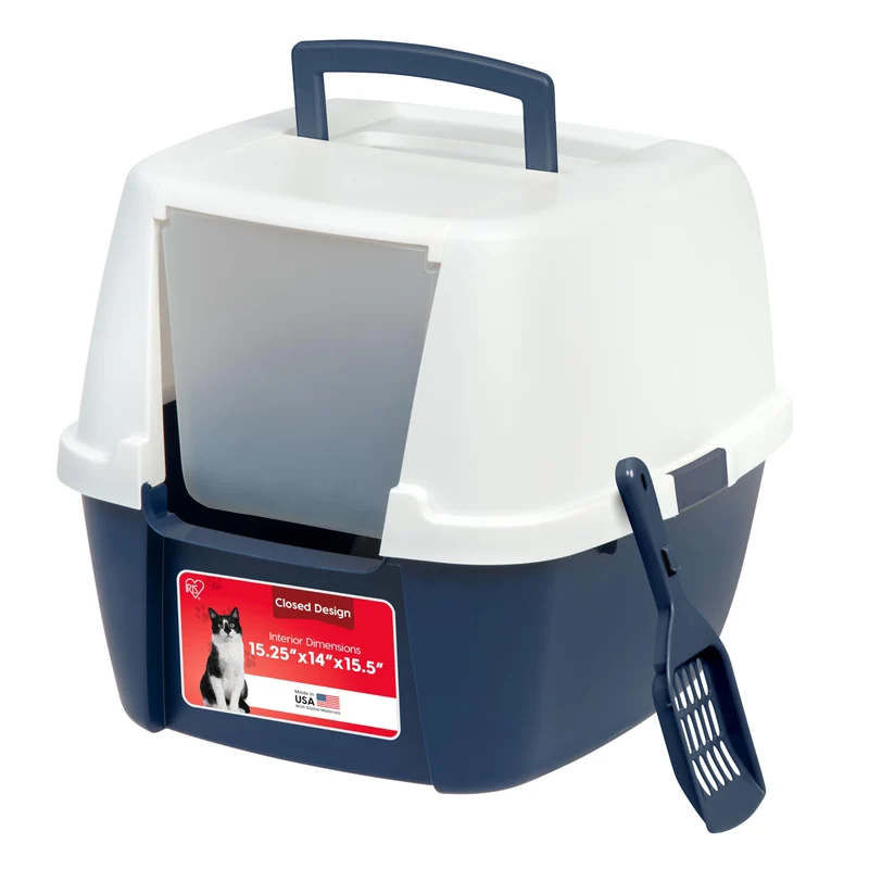 IRIS USA Grande Boîte à Litière pour Chat – Porte Frontale, Enclos Couverte, Scoop, Poignée et Boucles, Navy/Blanc