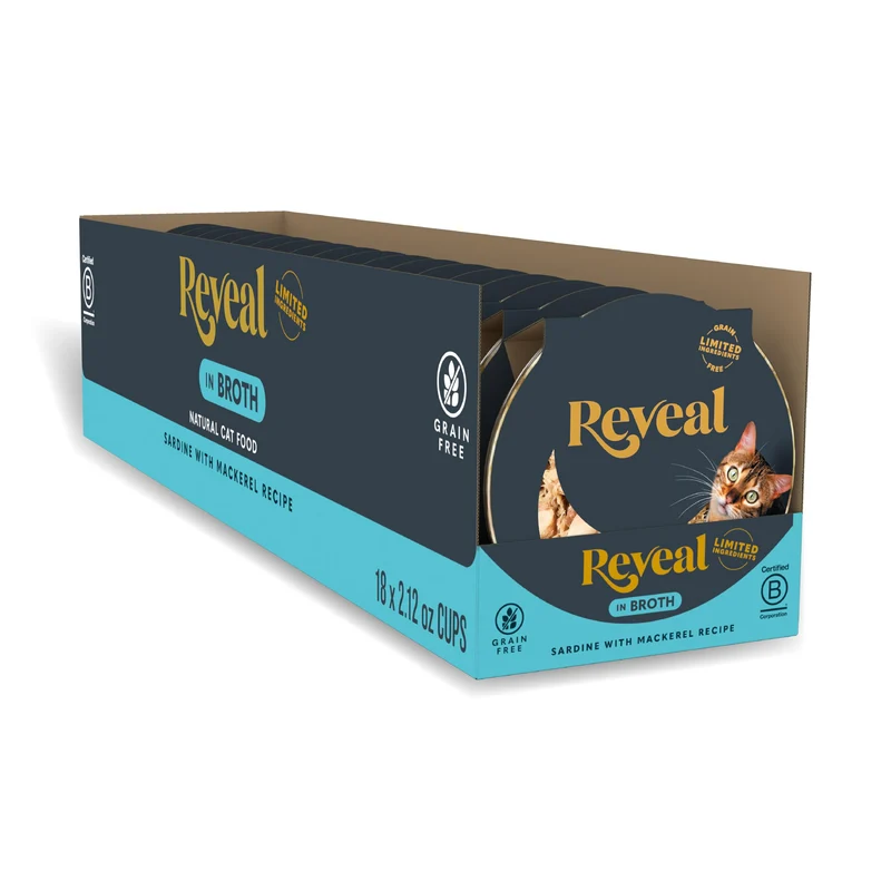 Reveal Naturel — Nourriture humide pour chat sardine et maquereau en bouillon, 18 pots, sans céréales