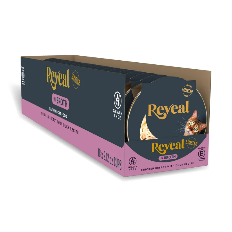 Reveal Nourriture humide chat – Protéine élevée, ingrédients limités, sans céréales, poulet et canard en bouillon
