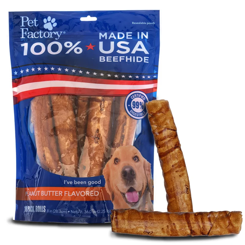 Pet Factory – Rouleaux de cuir de bœuf 8 po au beurre d’arachide, 10 pièces, fabriqué aux États‑Unis
