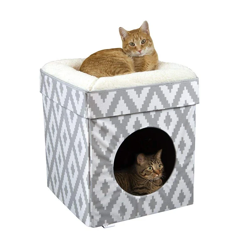 Kitty City – Cube Chat Intérieur pour Chat, Couchage et Plateforme – Gris et Blanc