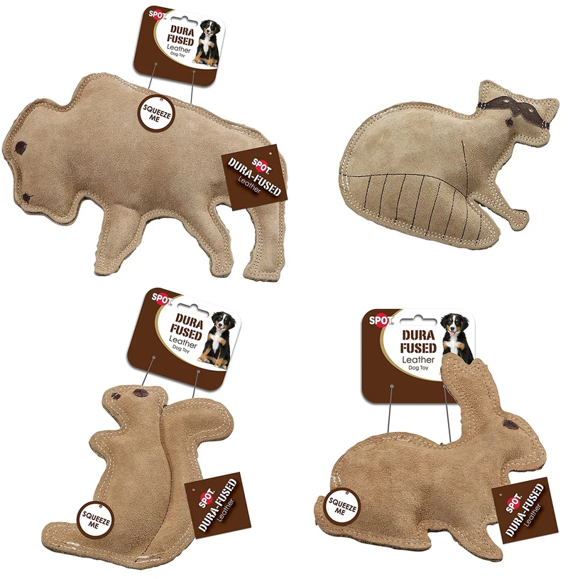 SPOT – Jouets pour chien en cuir véritable et jute (lot) Buffle, Raton-laveur, Écureuil et Lapin