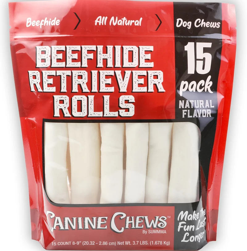 Canine Chews – Roulages Retriever Grande Taille 8-9 pouces – Pack de 15 Os de Boeuf Naturels pour Grands Chiens, 3,7 lb