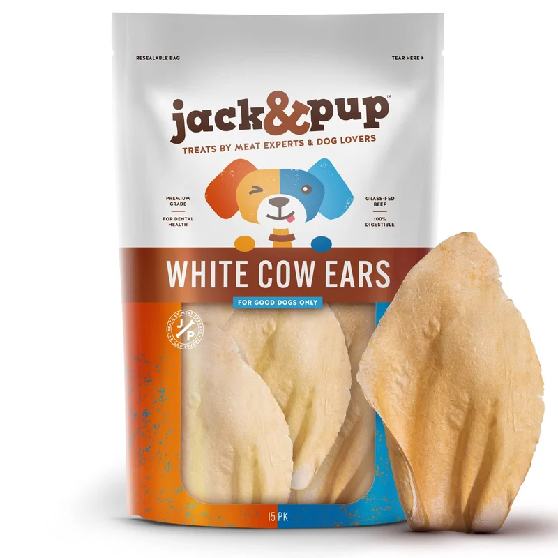 Jack&Pup Oreilles de Vache pour Chiens (15 Pack) – Ingrédient Unique Naturel, Protéines Élevées, Alternative au Cuir à Mâcher