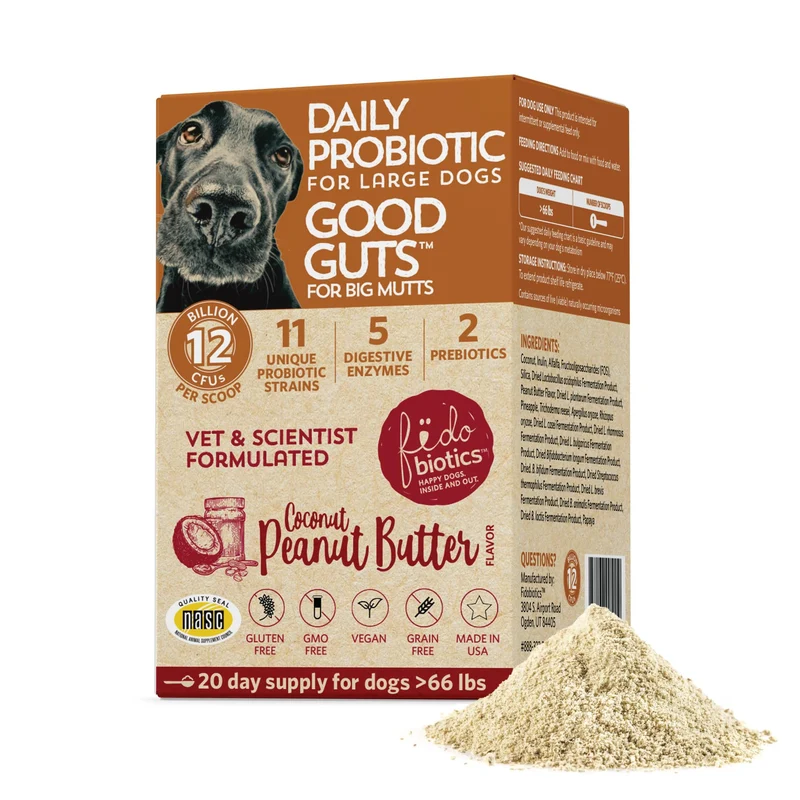 Fidobiotics Good Guts pour Chiens — Probiotiques 12 Milliards CFU, 11 Souches, 5 Enzymes, 2 Prébiotiques