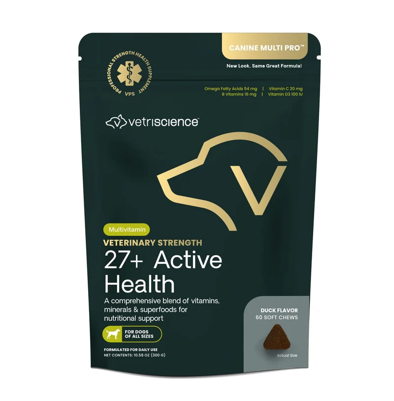 VETRISCIENCE Force Vétérinaire 27+ Gommes Santé Active – Multivitamine canine complète, énergie, digestion et immunité – Saveur canard | 60 gommes