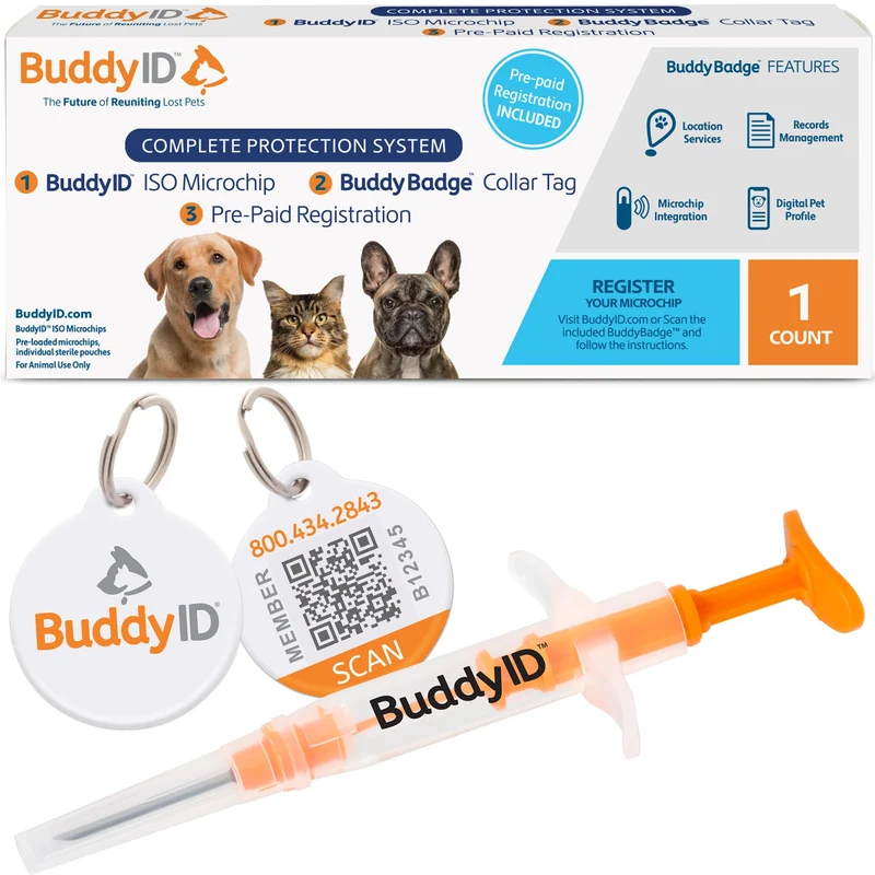 BuddyID Système de Protection Complète | Microchip ISO Mini + Prépayé à Vie + BuddyBadge QR | SearchALERTS & SafePlaces | Pour Chiens, Chats et Animaux | 1 unité