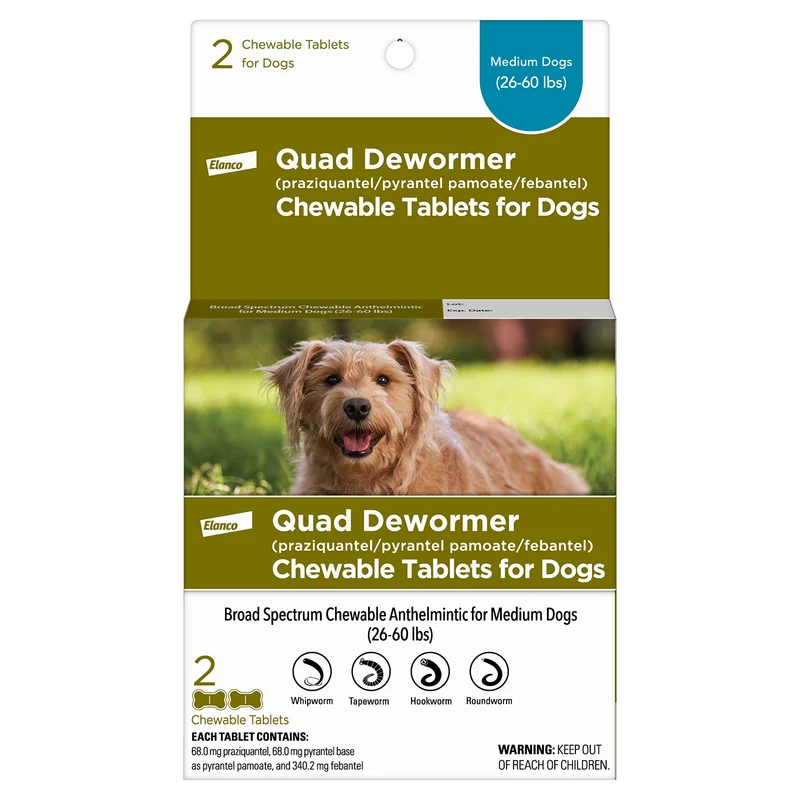 Elanco Vermifuge Quad Masticable pour Chiens Moyens (12–27 kg) – 2 Comprimés