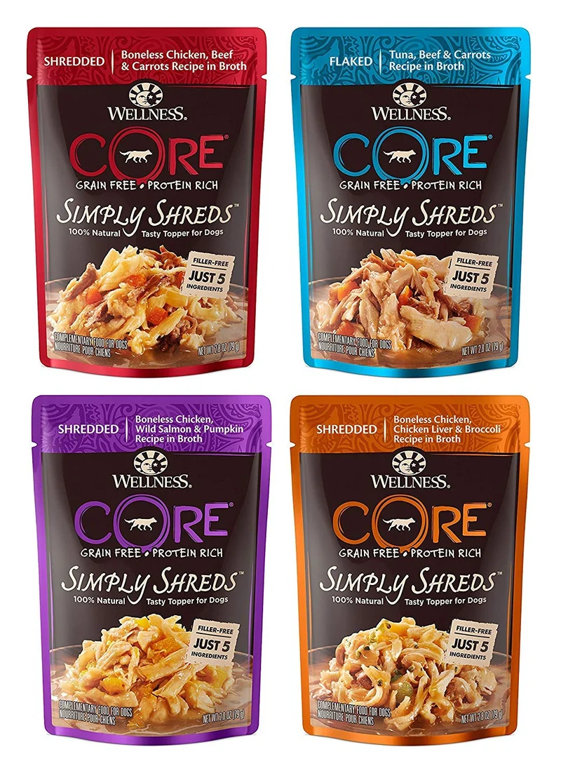 Wellness CORE Simply Shreds - Toppers Humides Sans Céréales pour Chien, 4 Saveurs, 12 Sachets de 80 g