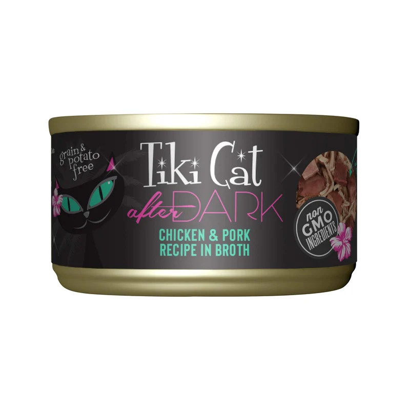Tiki Cat After Dark - Poulet & Porc, Protéine élevée, Ingrédients 100% sans OGM, Aliment humide pour chats adultes, 12 boîtes 2,8 oz