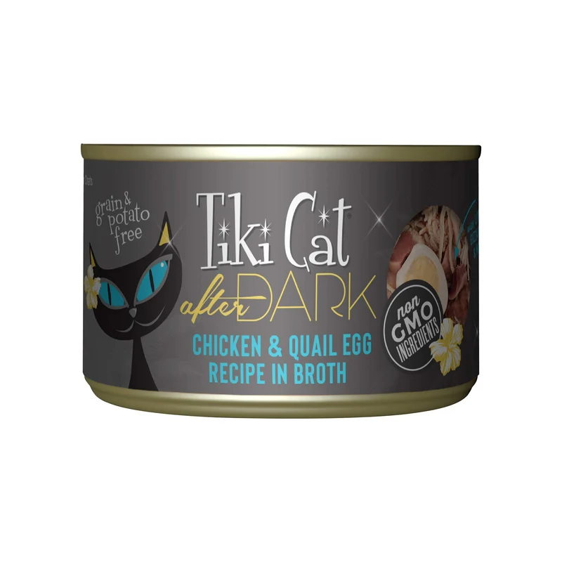 Tiki Cat After Dark – Poulet & Œuf de Caille, Protéine Élevée, 100% Non-OGM, Pâtée humide pour chats adultes, Boîtes 5,5 oz (8x)