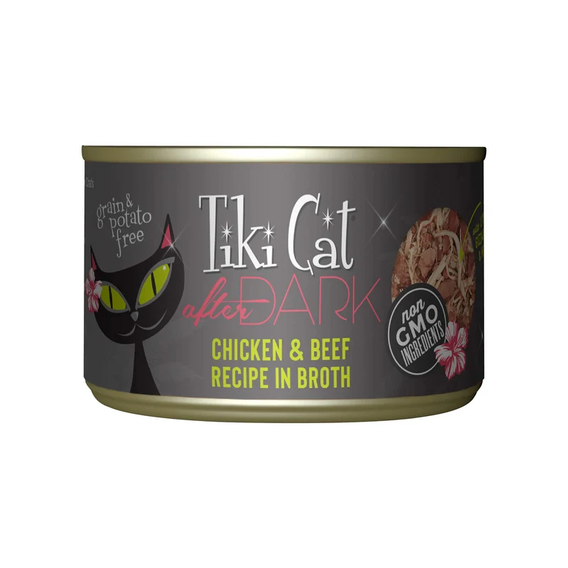 Tiki Cat After Dark – Poulet et Boeuf, Haute Protéine, 100% Sans OGMs, Nourriture humide pour chat adulte, boîte 5,5 oz (8 boîtes)