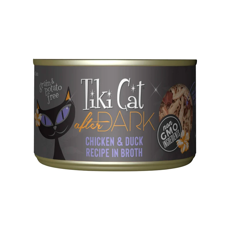 TIKI CAT After Dark – Poulet et Canard, Haute Protéine, 100% Sans OGM, Aliment Humide pour Chats Adultes, Pack de 8 boîtes de 5,5 oz