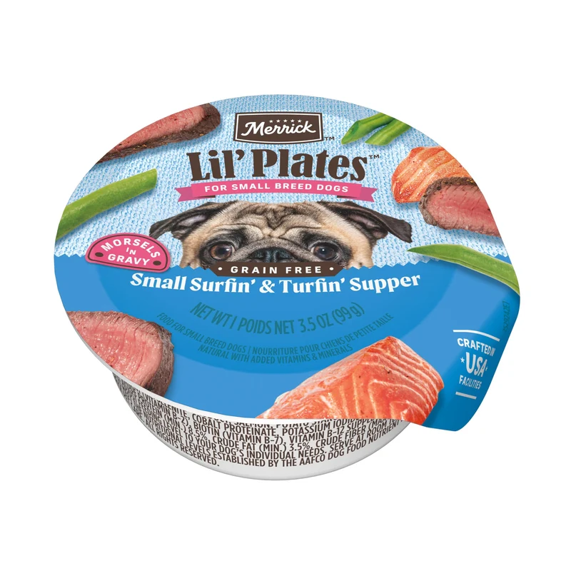 Merrick Lil’ Plates - Repas humide sans céréales pour petits chiens, Surfin et Turfin en sauce (lot de 12, 3,5 oz)
