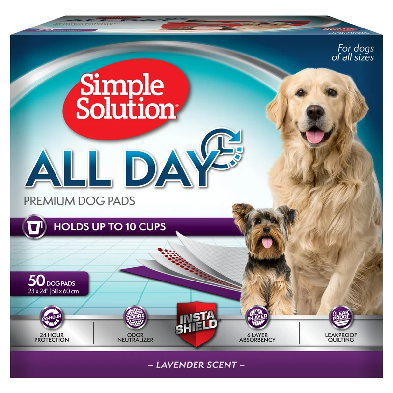 Simple Solution All Day Pad – Tapis d'apprentissage pour chiens, parfum lavande, anti-fuite 23x24, 50 unités
